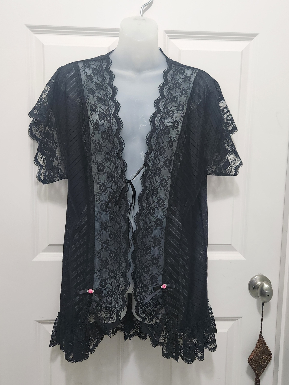 Elegant Black Lace Kimono Robe with Tie-Front